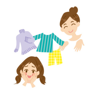 服をあげるジェスチャーする女性ともらって喜ぶ女性